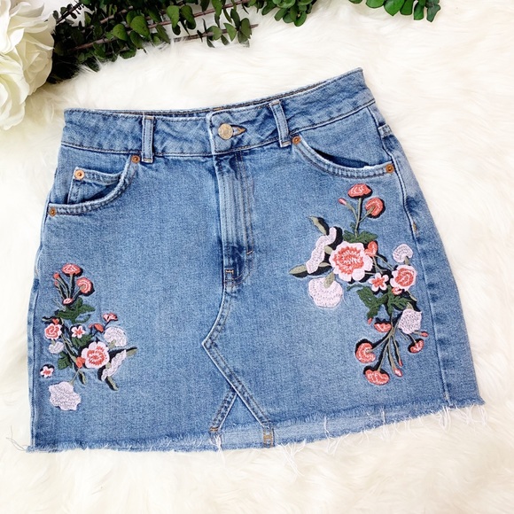 jean skirt with embroidered flowers